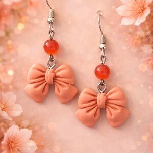 Peach Bow Drop Earrings with Coral Bead